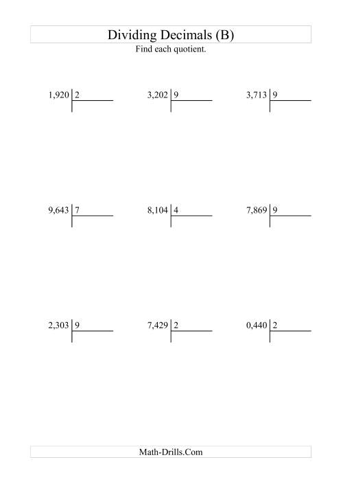 The Dividing Thousandths by a Whole Number (B) Math Worksheet