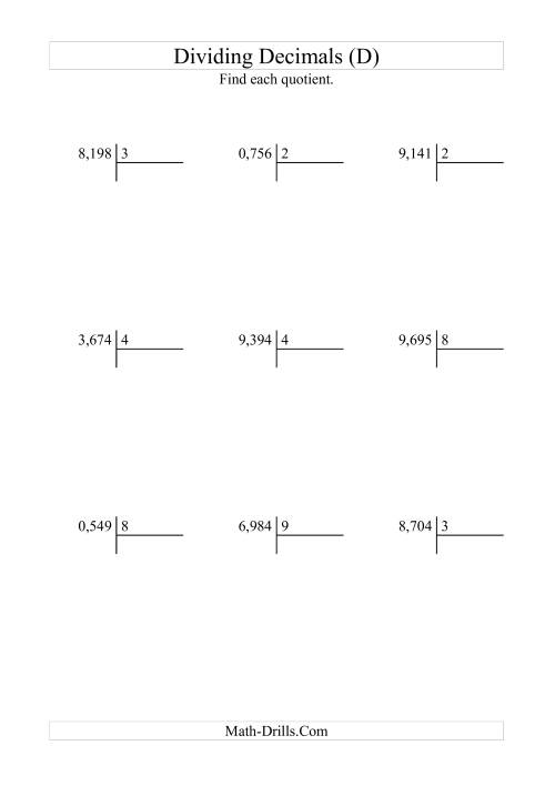 The Dividing Thousandths by a Whole Number (D) Math Worksheet
