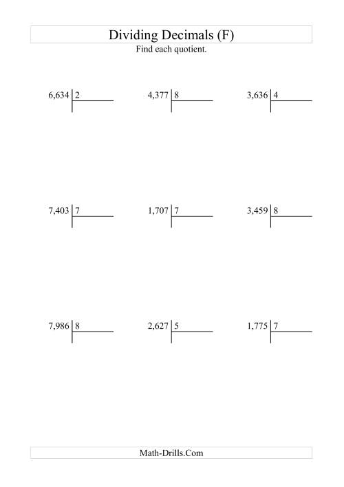 The Dividing Thousandths by a Whole Number (F) Math Worksheet