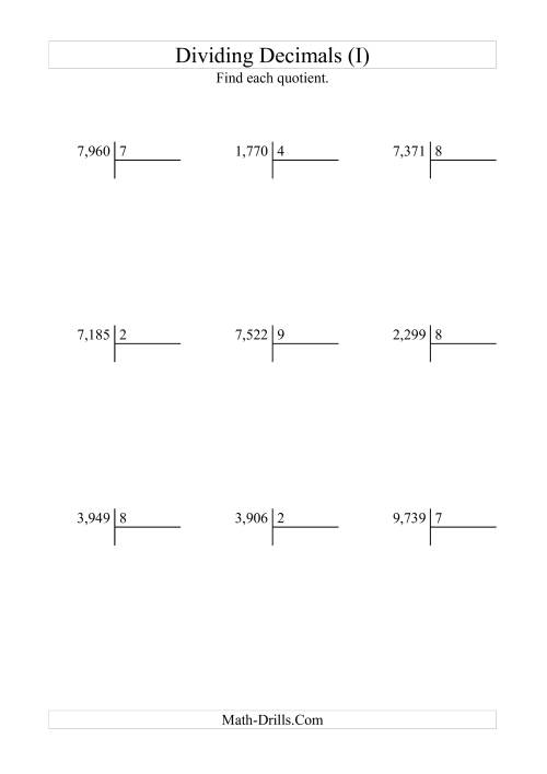 The Dividing Thousandths by a Whole Number (I) Math Worksheet