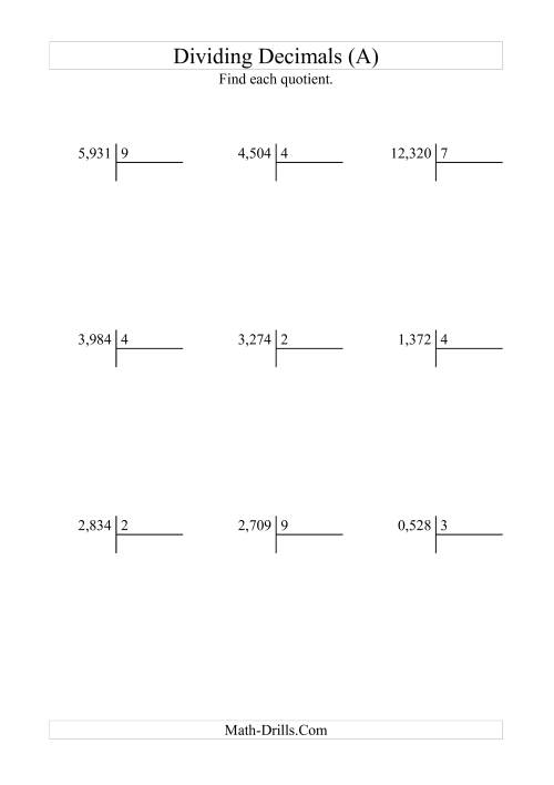 The Dividing Thousandths by a Whole Number with an Easy Quotient (A) Math Worksheet