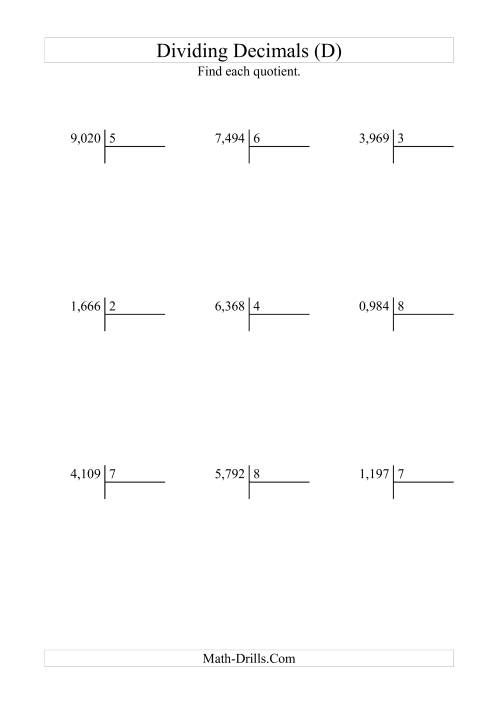 The Dividing Thousandths by a Whole Number with an Easy Quotient (D) Math Worksheet
