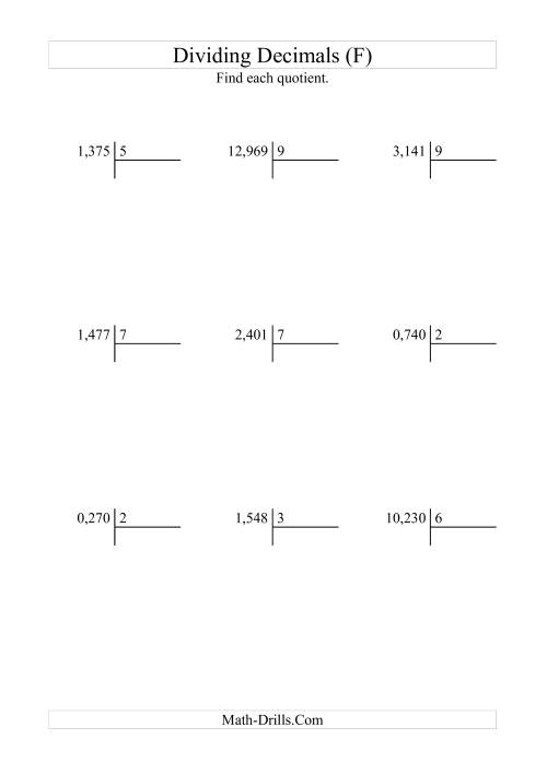 The Dividing Thousandths by a Whole Number with an Easy Quotient (F) Math Worksheet