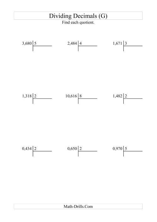 The Dividing Thousandths by a Whole Number with an Easy Quotient (G) Math Worksheet