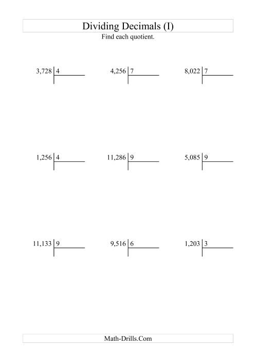 The Dividing Thousandths by a Whole Number with an Easy Quotient (I) Math Worksheet