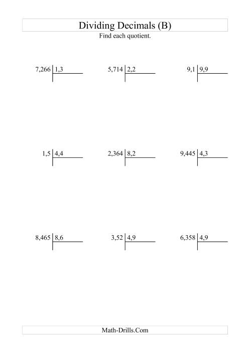 The Dividing Various Decimal Places by Tenths (B) Math Worksheet