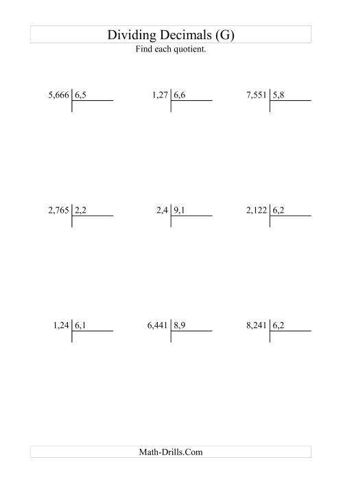 The Dividing Various Decimal Places by Tenths (G) Math Worksheet