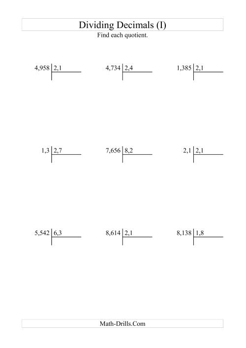 The Dividing Various Decimal Places by Tenths (I) Math Worksheet