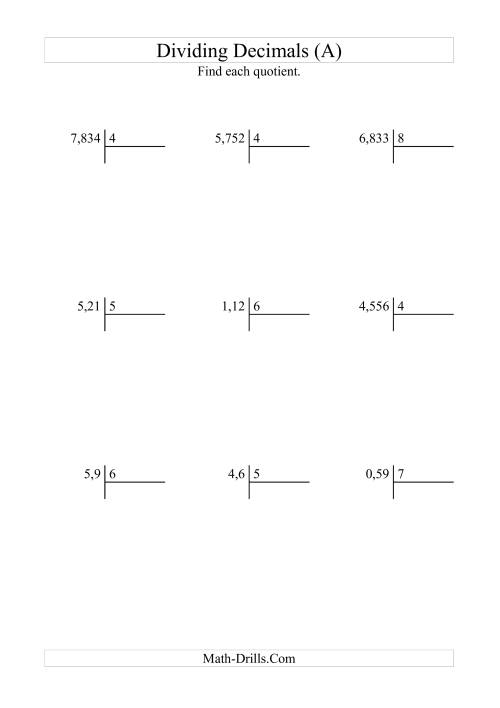 The Dividing Various Decimal Places by a Whole Number (A) Math Worksheet