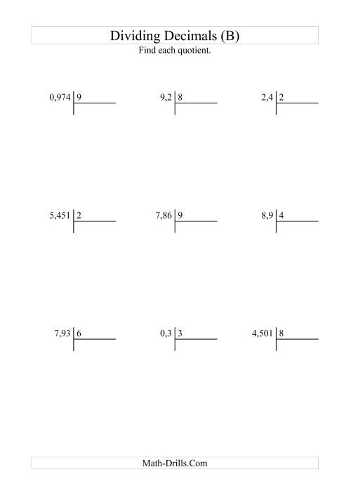 The Dividing Various Decimal Places by a Whole Number (B) Math Worksheet
