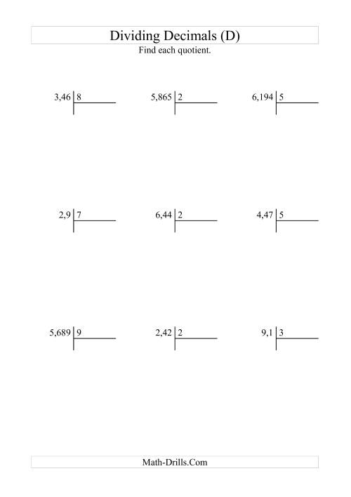 The Dividing Various Decimal Places by a Whole Number (D) Math Worksheet