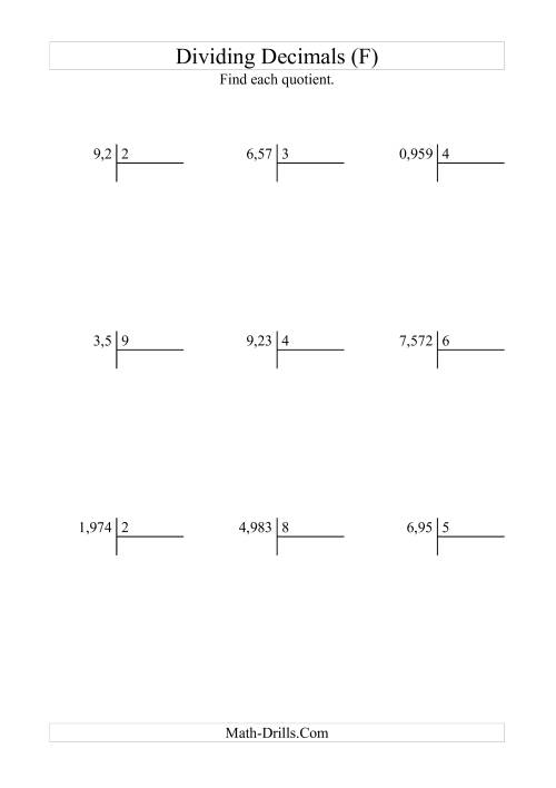 The Dividing Various Decimal Places by a Whole Number (F) Math Worksheet