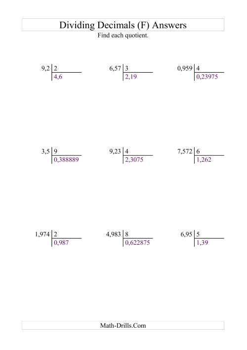 The Dividing Various Decimal Places by a Whole Number (F) Math Worksheet Page 2