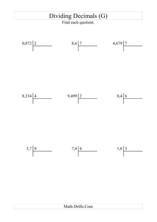 The Dividing Various Decimal Places by a Whole Number (G) Math Worksheet