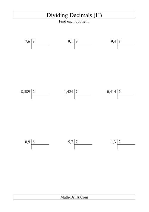 The Dividing Various Decimal Places by a Whole Number (H) Math Worksheet