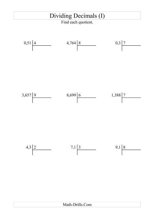 The Dividing Various Decimal Places by a Whole Number (I) Math Worksheet