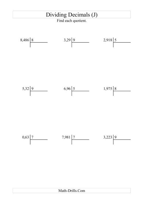 The Dividing Various Decimal Places by a Whole Number (J) Math Worksheet