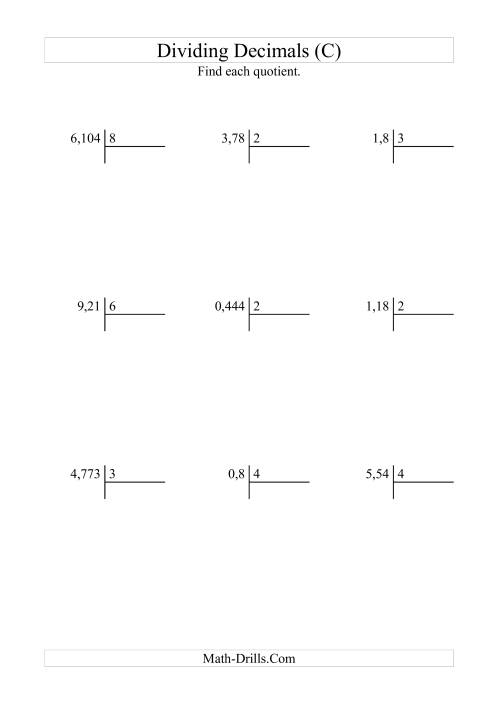 The Dividing Various Decimal Places by a Whole Number with Easy Quotients (C) Math Worksheet