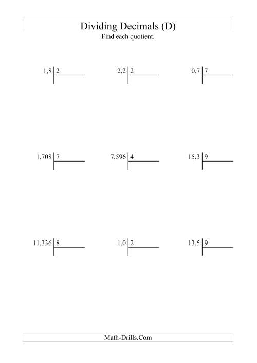 The Dividing Various Decimal Places by a Whole Number with Easy Quotients (D) Math Worksheet