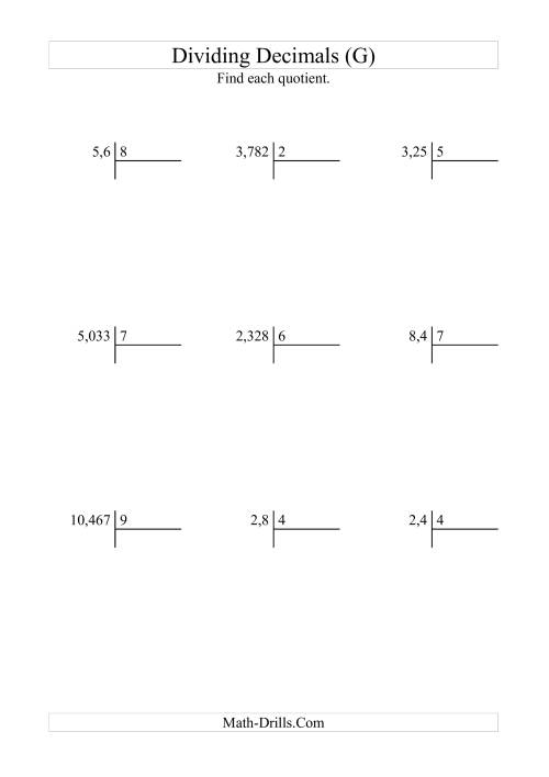 The Dividing Various Decimal Places by a Whole Number with Easy Quotients (G) Math Worksheet