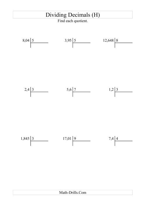 The Dividing Various Decimal Places by a Whole Number with Easy Quotients (H) Math Worksheet