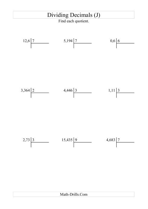The Dividing Various Decimal Places by a Whole Number with Easy Quotients (J) Math Worksheet
