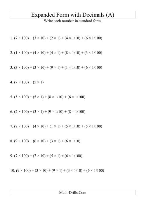 The Writing Expanded Numbers in Standard Form (3 digits before decimal; 2 after) (A) Math Worksheet