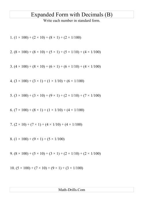 The Writing Expanded Numbers in Standard Form (3 digits before decimal; 2 after) (B) Math Worksheet