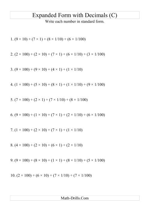 The Writing Expanded Numbers in Standard Form (3 digits before decimal; 2 after) (C) Math Worksheet