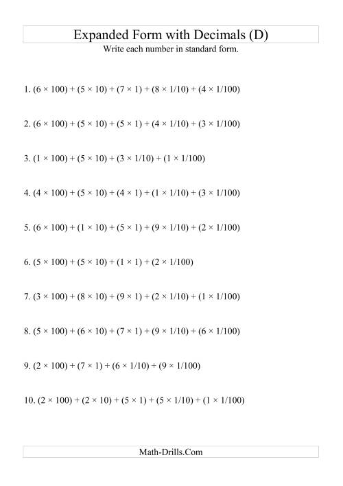 The Writing Expanded Numbers in Standard Form (3 digits before decimal; 2 after) (D) Math Worksheet