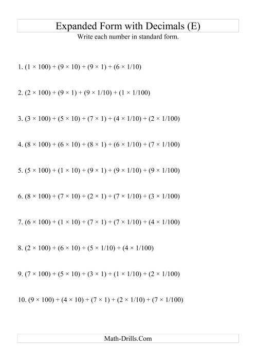 The Writing Expanded Numbers in Standard Form (3 digits before decimal; 2 after) (E) Math Worksheet