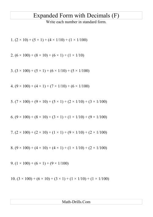 The Writing Expanded Numbers in Standard Form (3 digits before decimal; 2 after) (F) Math Worksheet