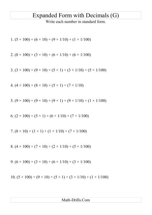 The Writing Expanded Numbers in Standard Form (3 digits before decimal; 2 after) (G) Math Worksheet