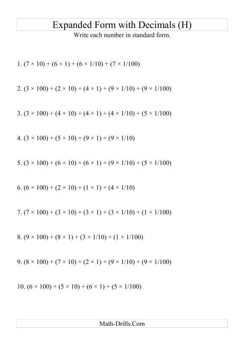 The Writing Expanded Numbers in Standard Form (3 digits before decimal; 2 after) (H) Math Worksheet
