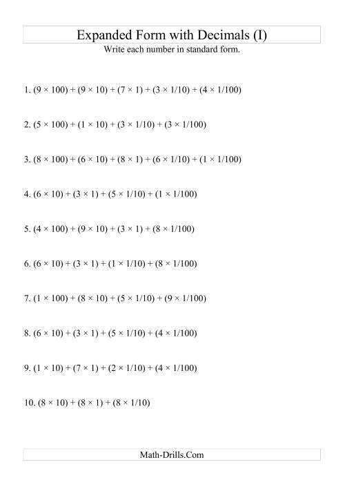 The Writing Expanded Numbers in Standard Form (3 digits before decimal; 2 after) (I) Math Worksheet