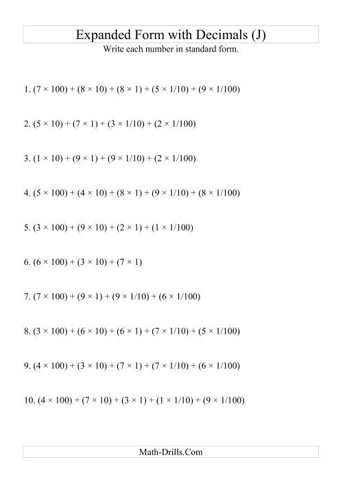 The Writing Expanded Numbers in Standard Form (3 digits before decimal; 2 after) (J) Math Worksheet