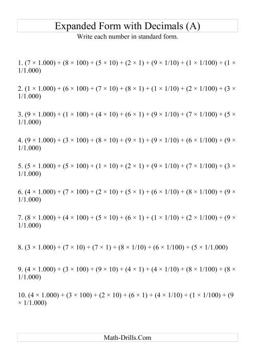 The Writing Expanded Numbers in Standard Form (4 digits before decimal; 3 after) (A) Math Worksheet