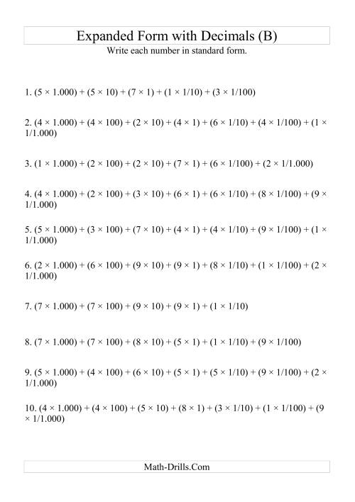 The Writing Expanded Numbers in Standard Form (4 digits before decimal; 3 after) (B) Math Worksheet
