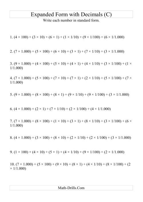 The Writing Expanded Numbers in Standard Form (4 digits before decimal; 3 after) (C) Math Worksheet