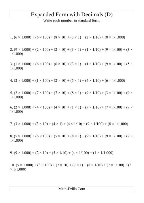 The Writing Expanded Numbers in Standard Form (4 digits before decimal; 3 after) (D) Math Worksheet