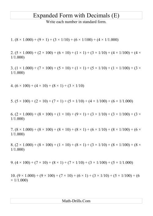 The Writing Expanded Numbers in Standard Form (4 digits before decimal; 3 after) (E) Math Worksheet