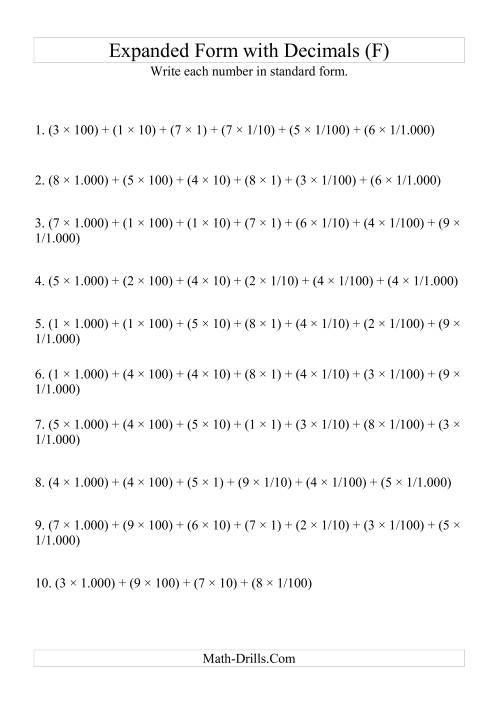 The Writing Expanded Numbers in Standard Form (4 digits before decimal; 3 after) (F) Math Worksheet