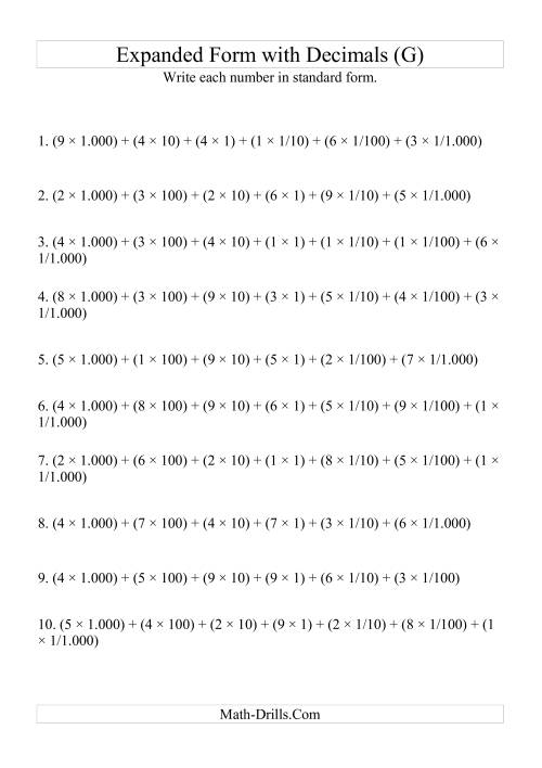 The Writing Expanded Numbers in Standard Form (4 digits before decimal; 3 after) (G) Math Worksheet