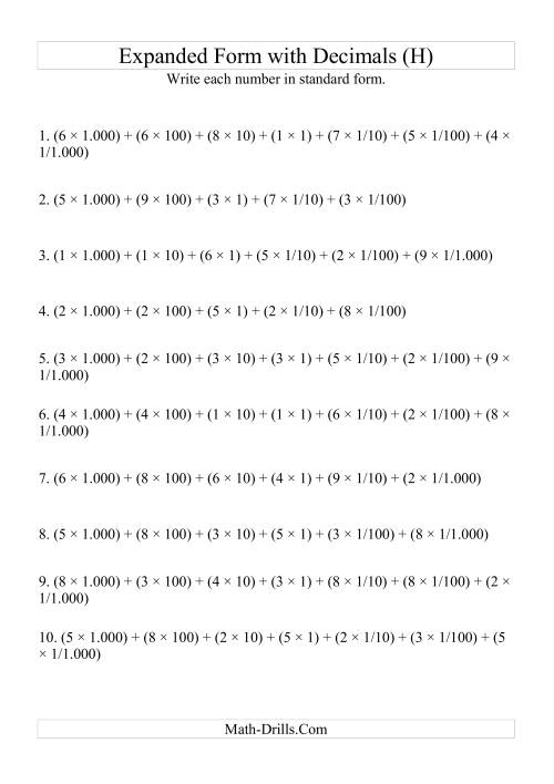 The Writing Expanded Numbers in Standard Form (4 digits before decimal; 3 after) (H) Math Worksheet