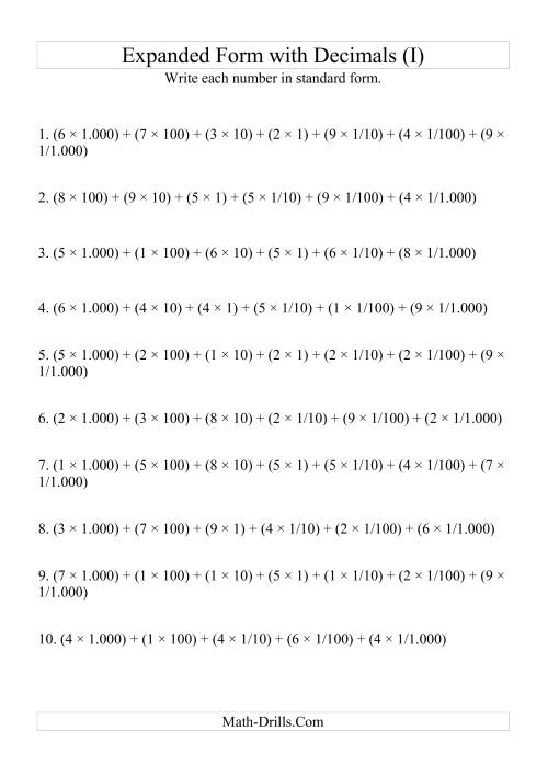 The Writing Expanded Numbers in Standard Form (4 digits before decimal; 3 after) (I) Math Worksheet
