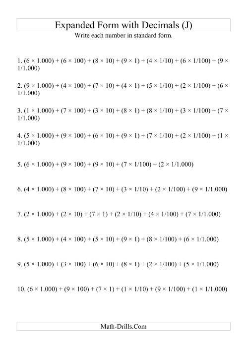 The Writing Expanded Numbers in Standard Form (4 digits before decimal; 3 after) (J) Math Worksheet