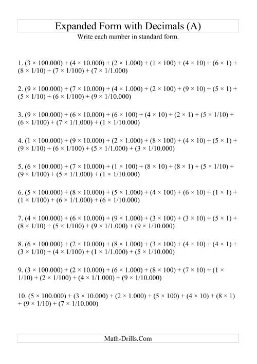 The Writing Expanded Numbers in Standard Form (6 digits before decimal; 4 after) (A) Math Worksheet