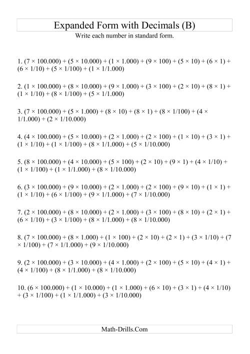 The Writing Expanded Numbers in Standard Form (6 digits before decimal; 4 after) (B) Math Worksheet