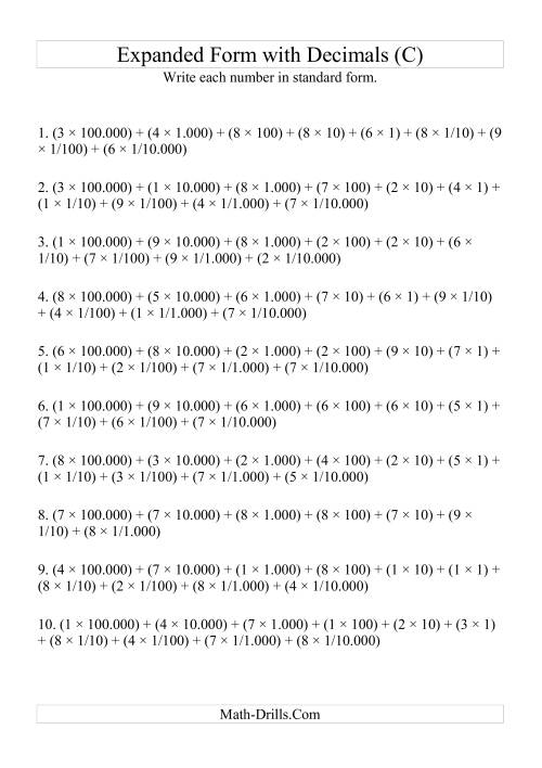The Writing Expanded Numbers in Standard Form (6 digits before decimal; 4 after) (C) Math Worksheet