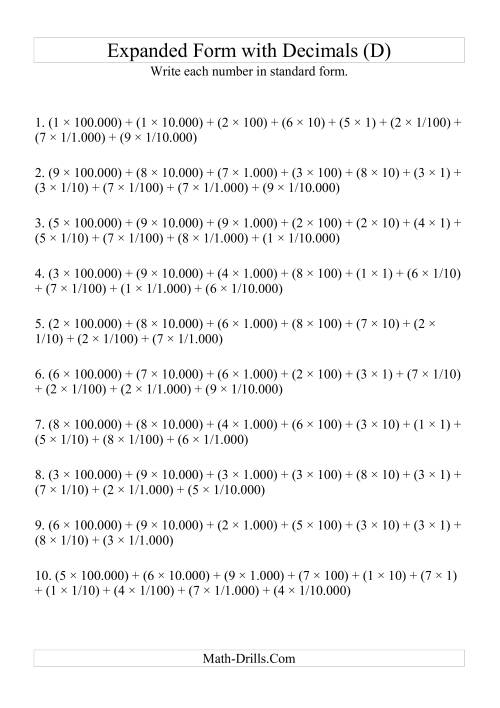 The Writing Expanded Numbers in Standard Form (6 digits before decimal; 4 after) (D) Math Worksheet